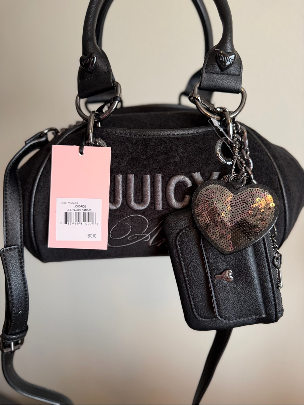 Juicy Couture Angel sequin Retro Vibe Satchel Black Velour Heart Charm Bag